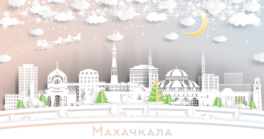 Махачкала. Россия. Пейзаж зимнего города со снежинками, луной и неоновой гирляндой. Рождество и Новый год. Дед мороз на санях с лошадьми. Городской пейзаж Махачкалы с достопримечательностями. Купить стоковую иллюстрацию.