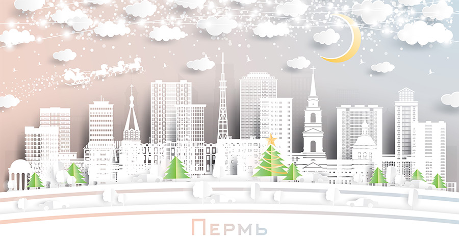 Пермь. Россия. Пейзаж зимнего города со снежинками, луной и неоновой гирляндой. Рождество и Новый год. Дед мороз на санях с лошадьми. Городской пейзаж Перми с достопримечательностями. Купить стоковую иллюстрацию. Пермь. Россия. Пейзаж зимнего города со снежинками, луной и неоновой гирляндой. Рождество и Новый год. Дед мороз на санях с лошадьми. Городской пейзаж Перми с достопримечательностями. Купить стоковую иллюстрацию.