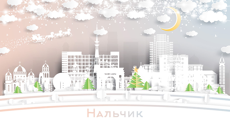 Нальчик. Россия. Пейзаж зимнего города со снежинками, луной и неоновой гирляндой. Рождество и Новый год. Дед мороз на санях с лошадьми. Городской пейзаж Нальчика с достопримечательностями. Купить стоковую иллюстрацию.