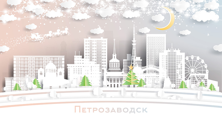 Петрозаводск. Россия. Пейзаж зимнего города со снежинками, луной и неоновой гирляндой. Рождество и Новый год. Дед мороз на санях с лошадьми. Городской пейзаж Петрозаводска с достопримечательностями. Купить стоковую иллюстрацию.