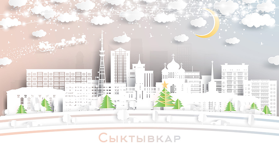 Сыктывкар. Россия. Пейзаж зимнего города со снежинками, луной и неоновой гирляндой. Рождество и Новый год. Дед мороз на санях с лошадьми. Городской пейзаж Сыктывкара с достопримечательностями. Купить стоковую иллюстрацию.