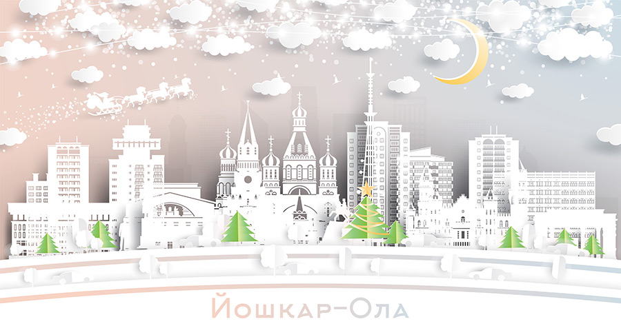 Йошкар-Ола. Россия. Пейзаж зимнего города со снежинками, луной и неоновой гирляндой. Рождество и Новый год. Дед мороз на санях с лошадьми. Городской пейзаж Йошкар-Олы с достопримечательностями. Купить стоковую иллюстрацию.