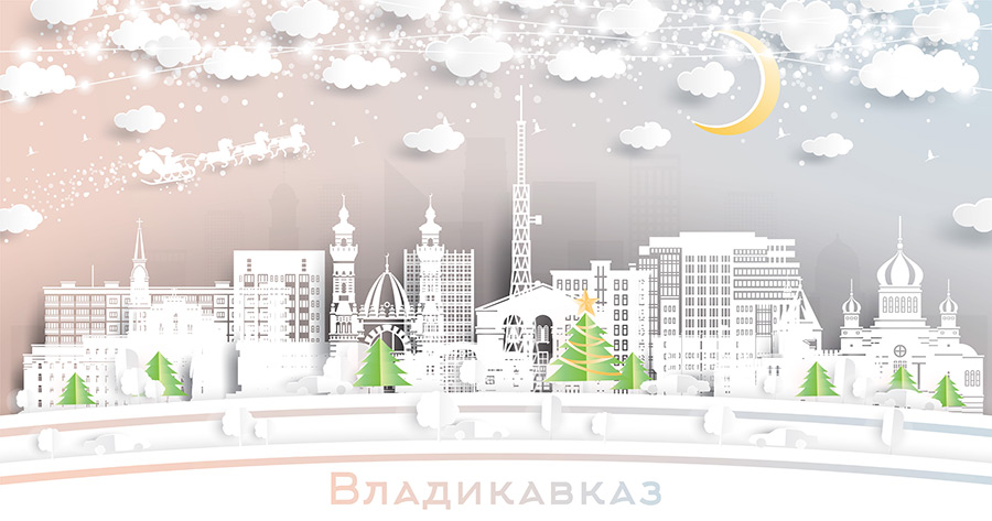 Владикавказ. Россия. Пейзаж зимнего города со снежинками, луной и неоновой гирляндой. Рождество и Новый год. Дед мороз на санях с лошадьми. Городской пейзаж Владикавказа с достопримечательностями. Купить стоковую иллюстрацию.
