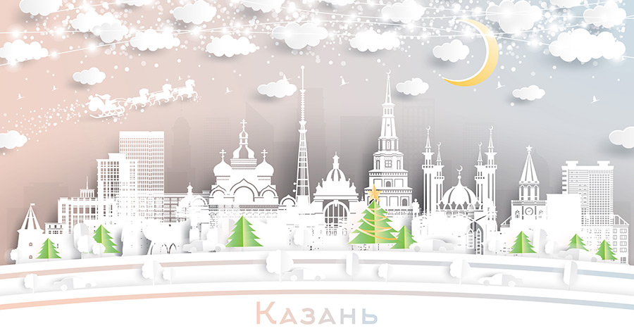 Казань. Россия. Пейзаж зимнего города со снежинками, луной и неоновой гирляндой. Рождество и Новый год. Дед мороз на санях с лошадьми. Городской пейзаж Казани с достопримечательностями. Купить стоковую иллюстрацию.