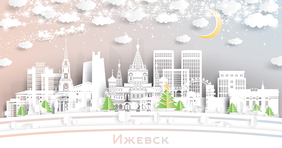 Ижевск. Россия. Пейзаж зимнего города со снежинками, луной и неоновой гирляндой. Рождество и Новый год. Дед мороз на санях с лошадьми. Городской пейзаж Ижевска с достопримечательностями. Купить стоковую иллюстрацию.