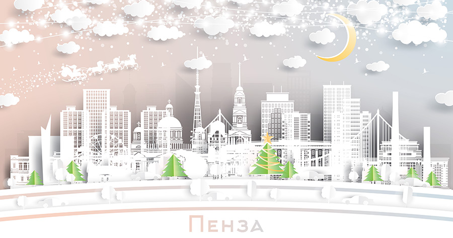 Пенза. Россия. Пейзаж зимнего города со снежинками, луной и неоновой гирляндой. Рождество и Новый год. Дед мороз на санях с лошадьми. Городской пейзаж Пензы с достопримечательностями. Купить стоковую иллюстрацию.