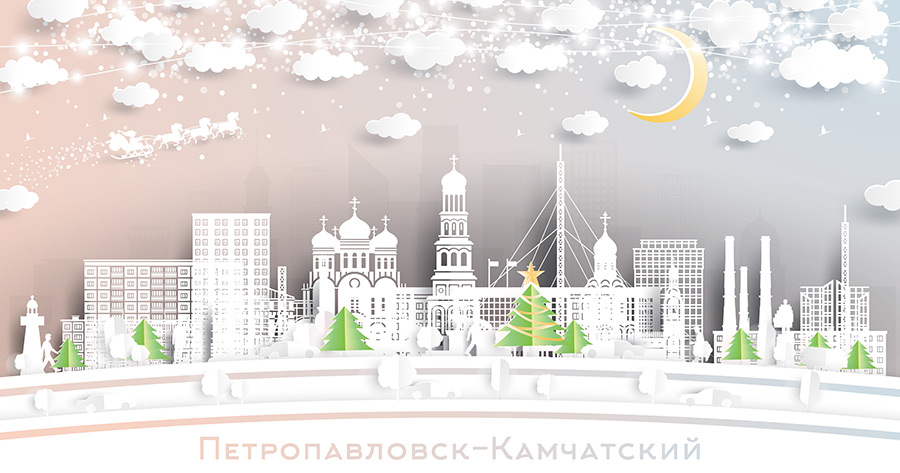 Петропавловск-Камчатский. Россия. Пейзаж зимнего города со снежинками, луной и неоновой гирляндой. Рождество и Новый год. Дед мороз на санях с лошадьми. Городской пейзаж Петропавловска-Камчатского с достопримечательностями. Купить стоковую иллюстрацию.