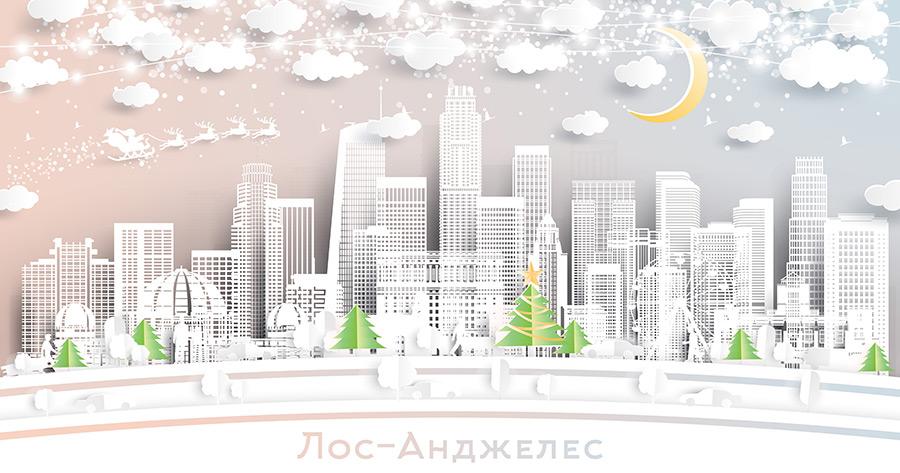 Лос-Анджелес. США. Пейзаж зимнего города со снежинками, луной и неоновой гирляндой. Рождество и Новый год. Санта Клаус на санях с оленями. Городской пейзаж Лос-Анджелеса с достопримечательностями. Купить стоковую иллюстрацию.