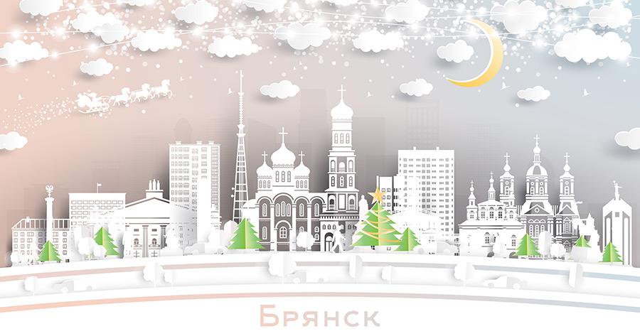 Брянск. Россия. Пейзаж зимнего города со снежинками, луной и неоновой гирляндой. Рождество и Новый год. Дед мороз на санях с лошадьми. Городской пейзаж Брянска с достопримечательностями. Купить стоковую иллюстрацию.