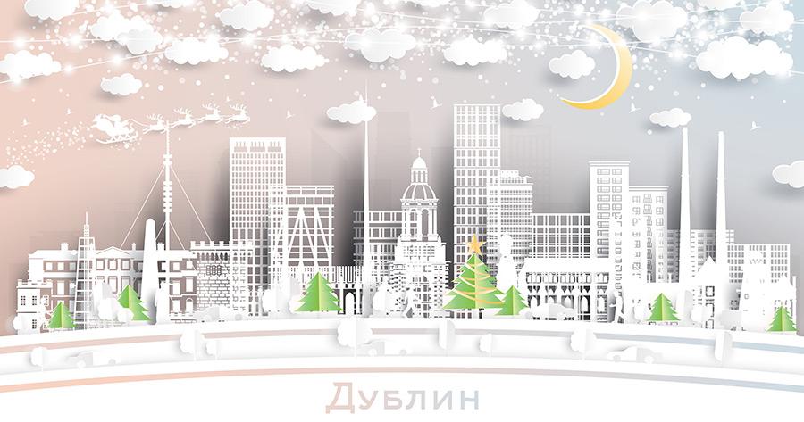 Афины. Греция. Пейзаж зимнего города со снежинками, луной и неоновой гирляндой. Рождество и Новый год. Санта Клаус на санях с оленями. Городской пейзаж Афин с достопримечательностями. Купить стоковую иллюстрацию.
