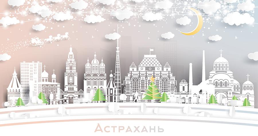 Санкт-Петербург. Россия. Пейзаж зимнего города со снежинками, луной и неоновой гирляндой. Рождество и Новый год. Дед мороз на санях с лошадьми. Городской пейзаж Санкт-Петербурга с достопримечательностями. Купить стоковую иллюстрацию.